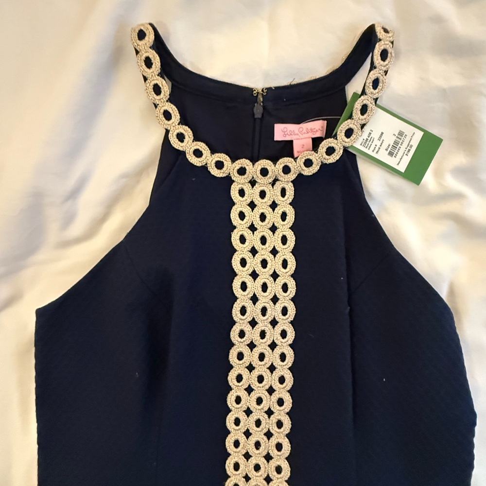 Lilly Pulitzer NWT  Navy Sasha Shift Dress Size 2 Beautiful Gold Crochet - Picture 2 of 4